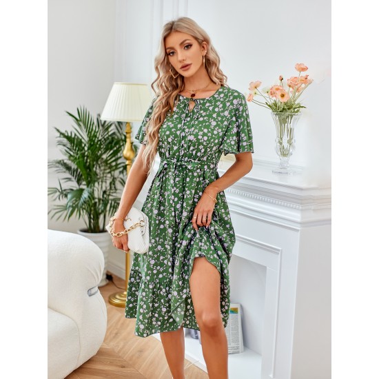 Printed bow round neck waist women's dresses
