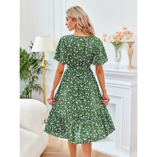 Printed bow round neck waist women's dresses