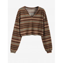 Women's Ethnic Style Tribal Geo Aztec Printed V-notched Pullover Crop Knitwear Sweater